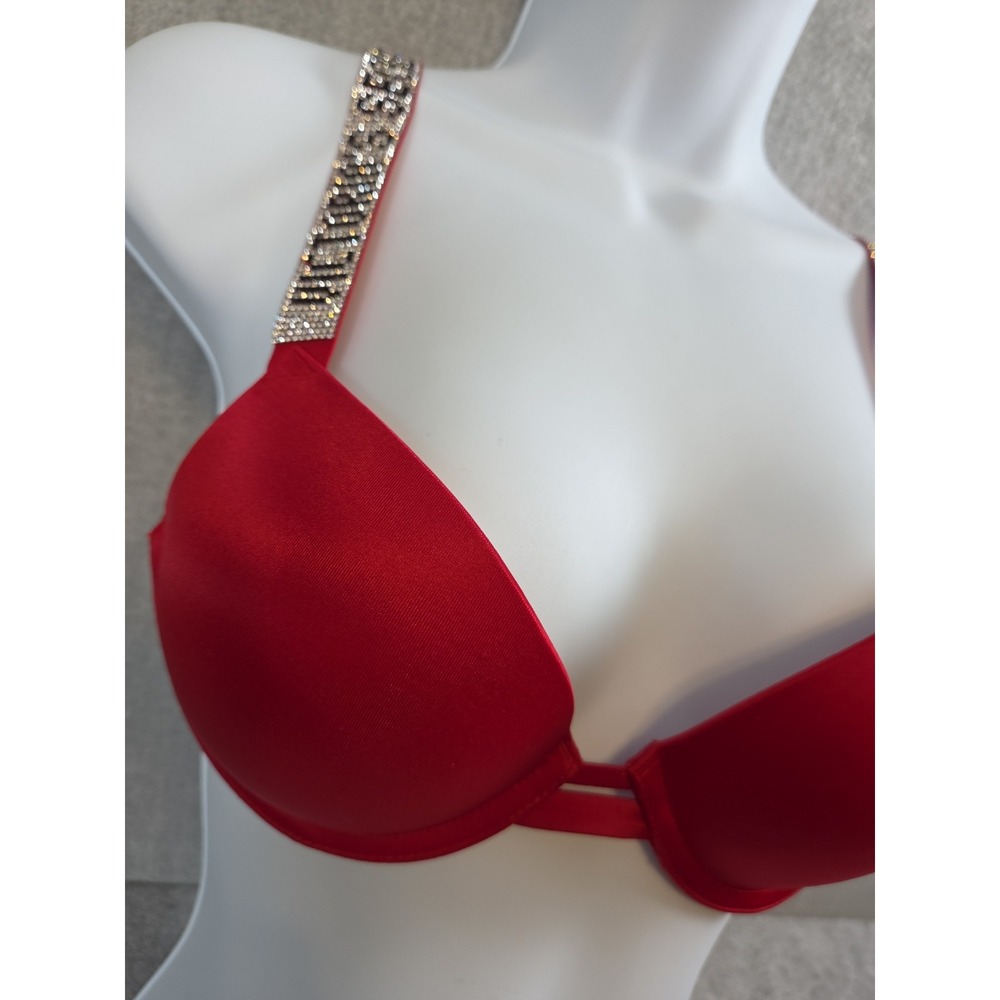 Victorias Secret Very Sexy Push Up Bra 32B Red Rhinestone Logo Stud Straps NEW